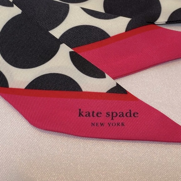 Kate Spade New York Silk Twilly Scarf,Black&White Polka Dots with Pink Edge-NEW - Picture 5 of 8